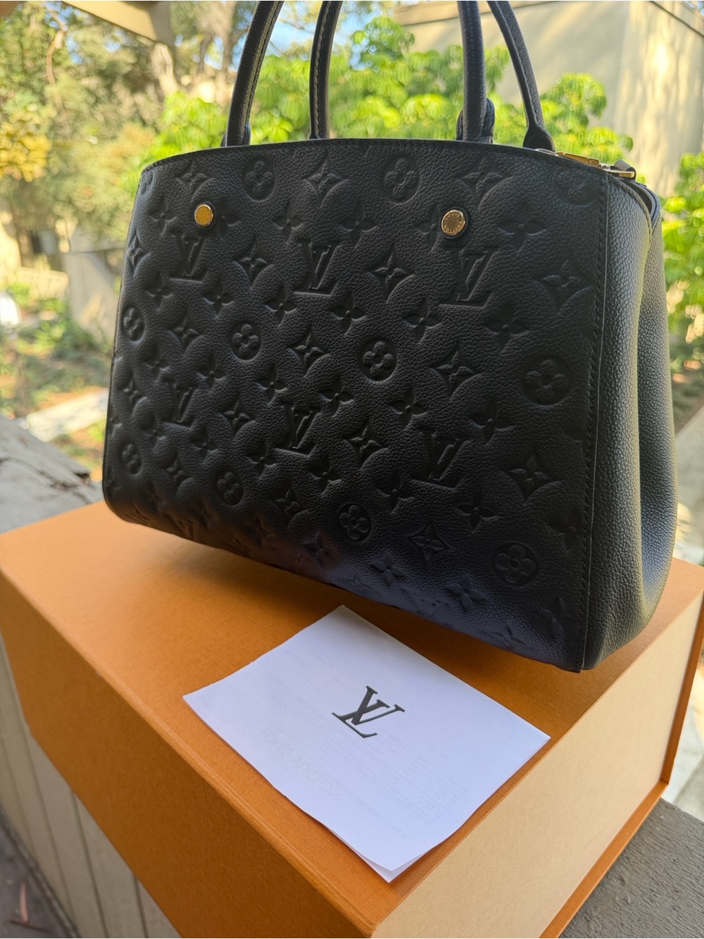 Authentic Louis Vuitton Black Monogram Leather Montaigne MM shoulder bag purse